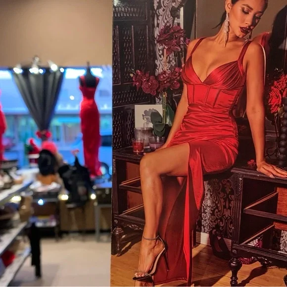 Red Satin Evening Gown NWT Size Large - Picture 5 of 14